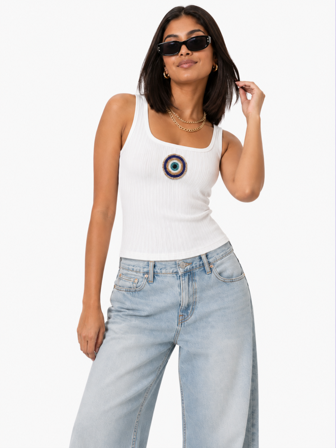 Evil Eye Beaded Ribbed Tank Top