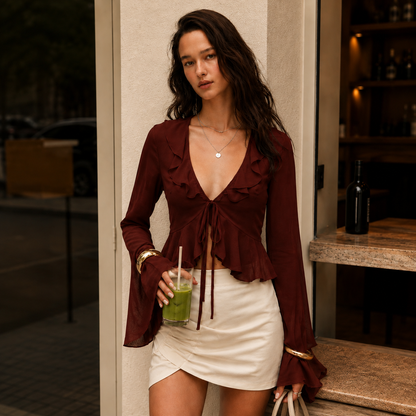 V-Neck Bell Sleeve Ruffle Hem Tie-Front Crop Top in Merlot