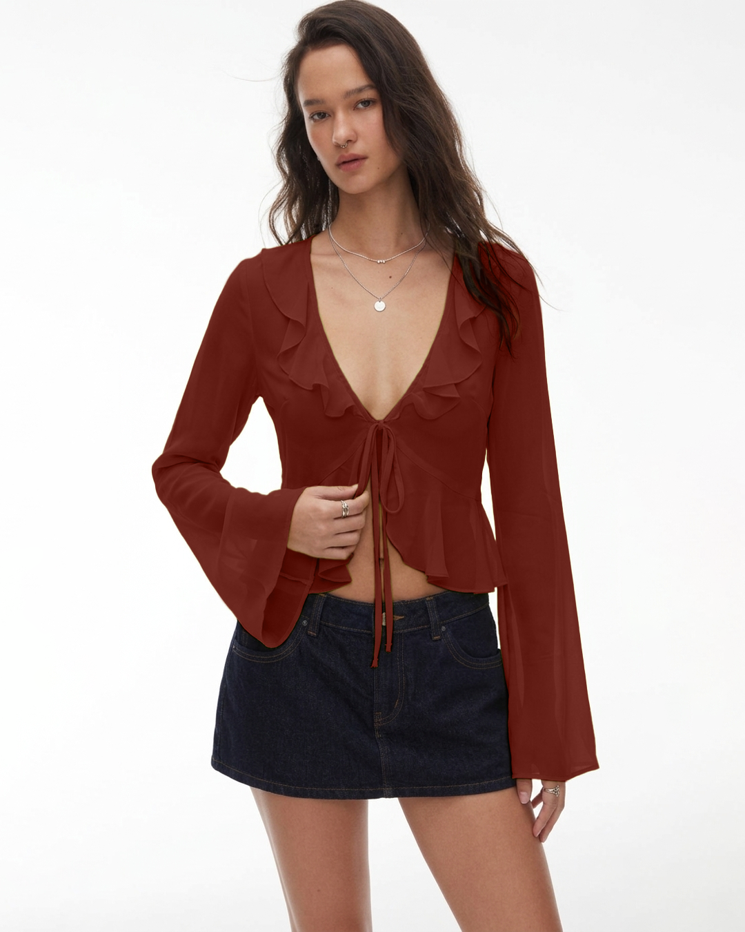 V-Neck Bell Sleeve Ruffle Hem Tie-Front Crop Top in Merlot