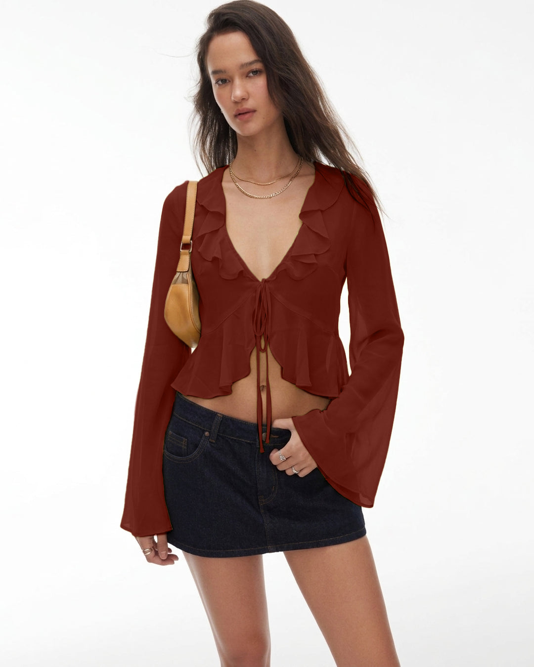 V-Neck Bell Sleeve Ruffle Hem Tie-Front Crop Top in Merlot