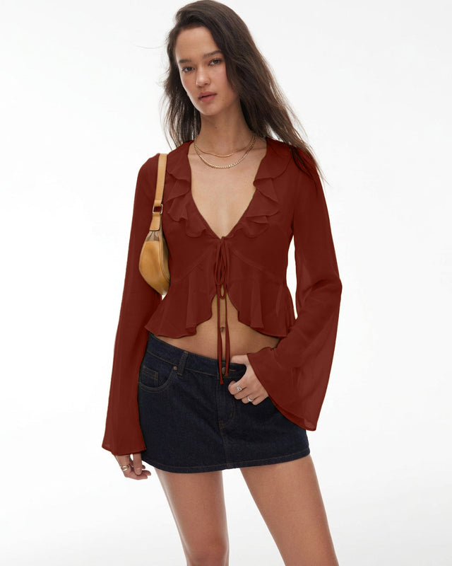V-Neck Bell Sleeve Ruffle Hem Tie-Front Crop Top in Merlot