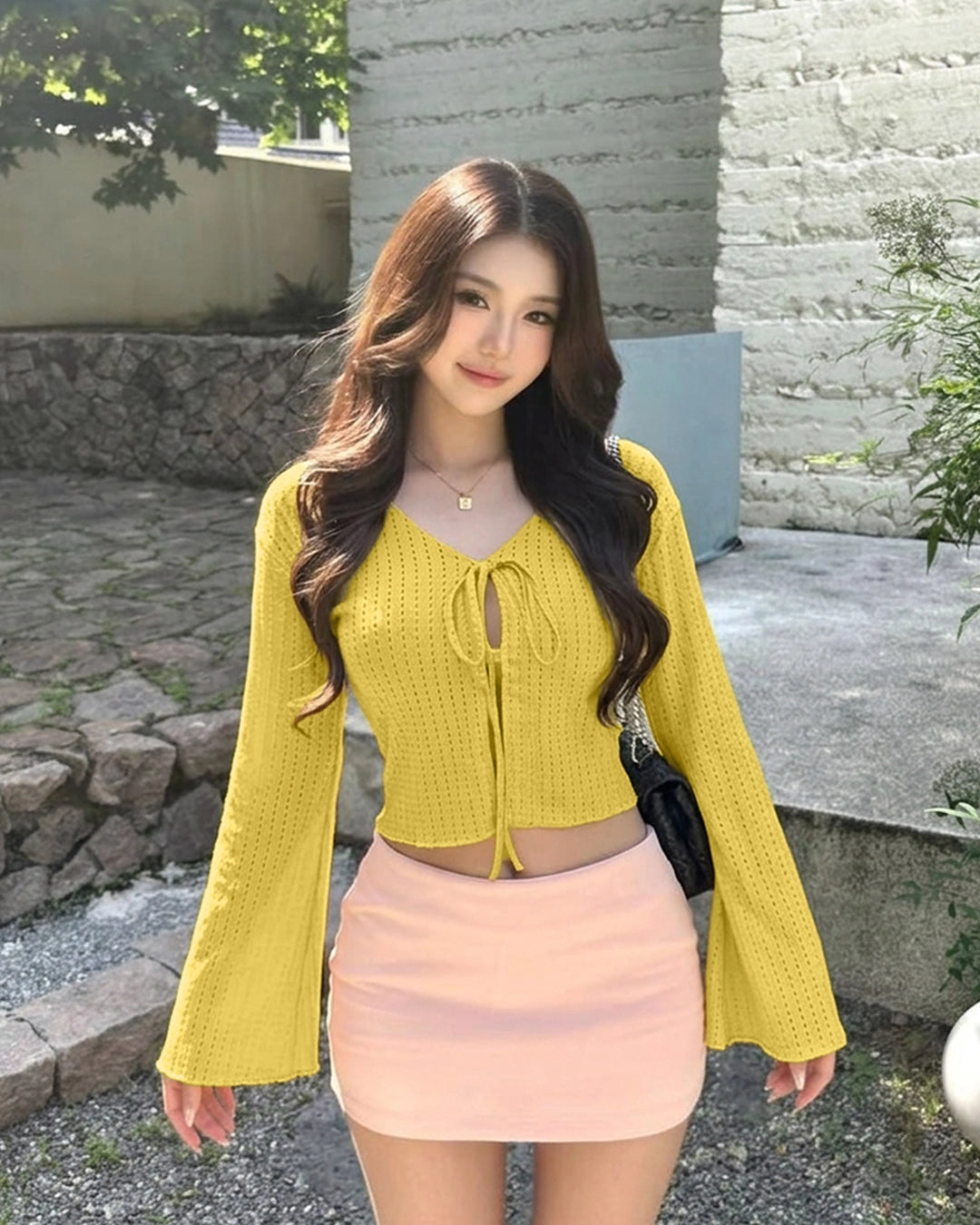 Pointelle Tie Front Bell Sleeve Crop Top