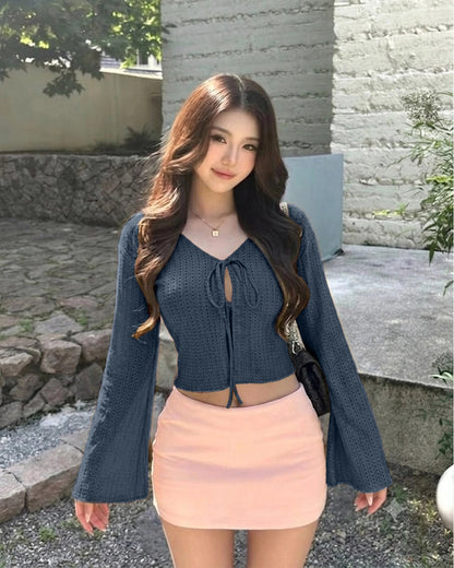 Pointelle Tie Front Bell Sleeve Crop Top