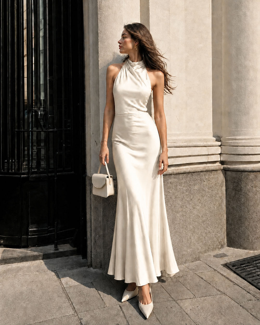 Cowl Neck Satin Maxi Dress in Classic White