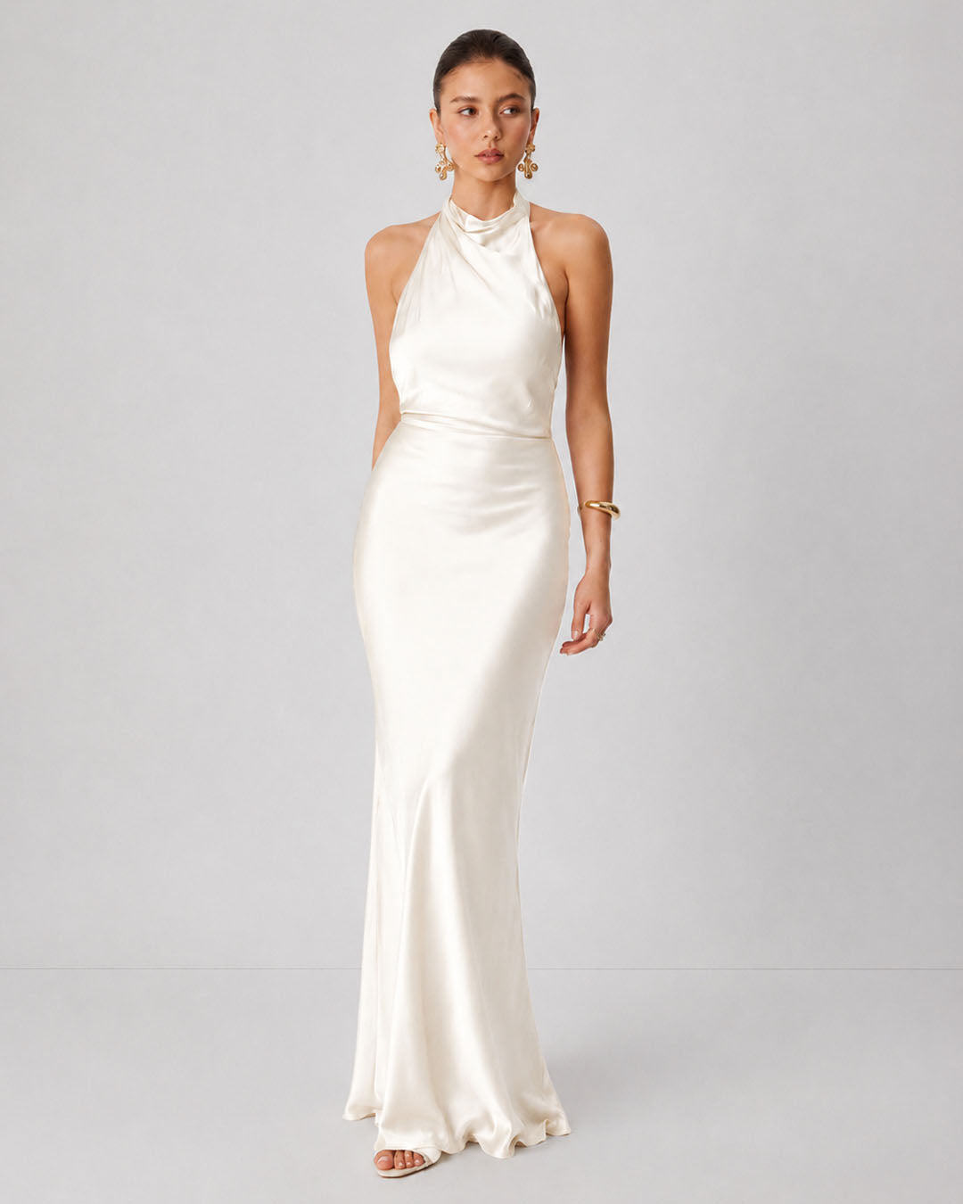 Cowl Neck Satin Maxi Dress in Classic White