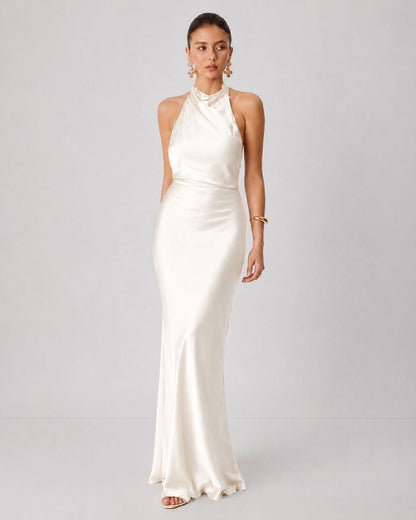 Cowl Neck Satin Maxi Dress in Classic White