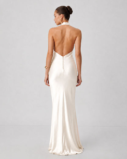 Cowl Neck Satin Maxi Dress in Classic White