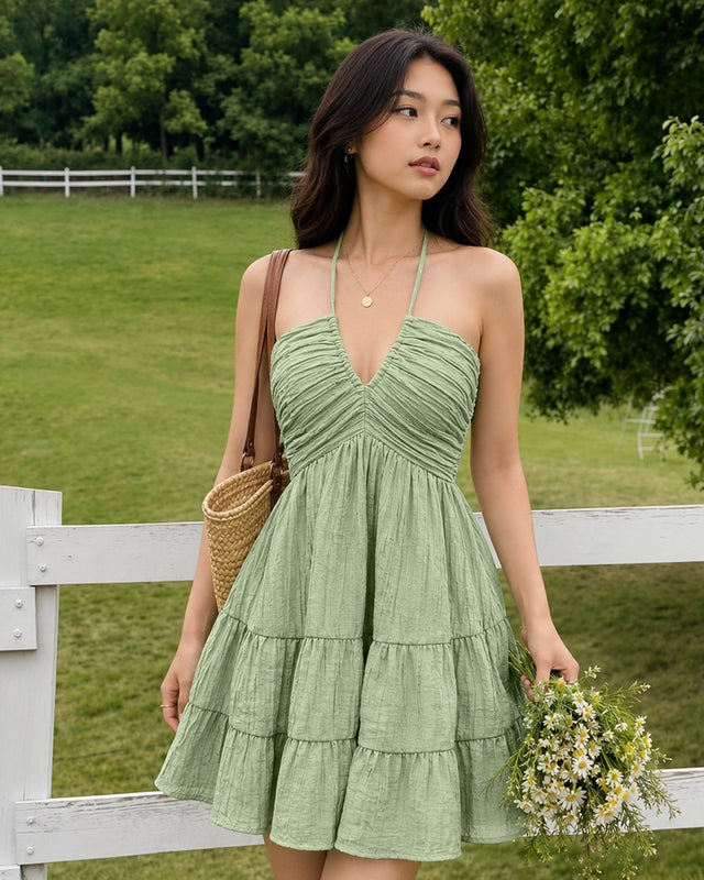 Halter Neck Tiered Ruffle Mini Dress in Sage Green