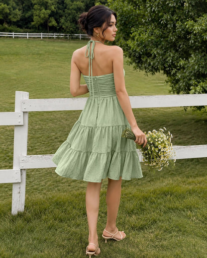 Halter Neck Tiered Ruffle Mini Dress in Sage Green