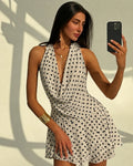 Classic White Polka Dot Draped Cowl Neck Backless Mini Dress