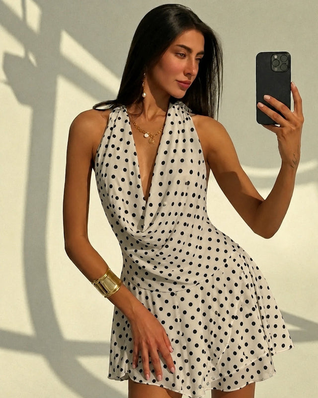 Classic White Polka Dot Draped Cowl Neck Backless Mini Dress