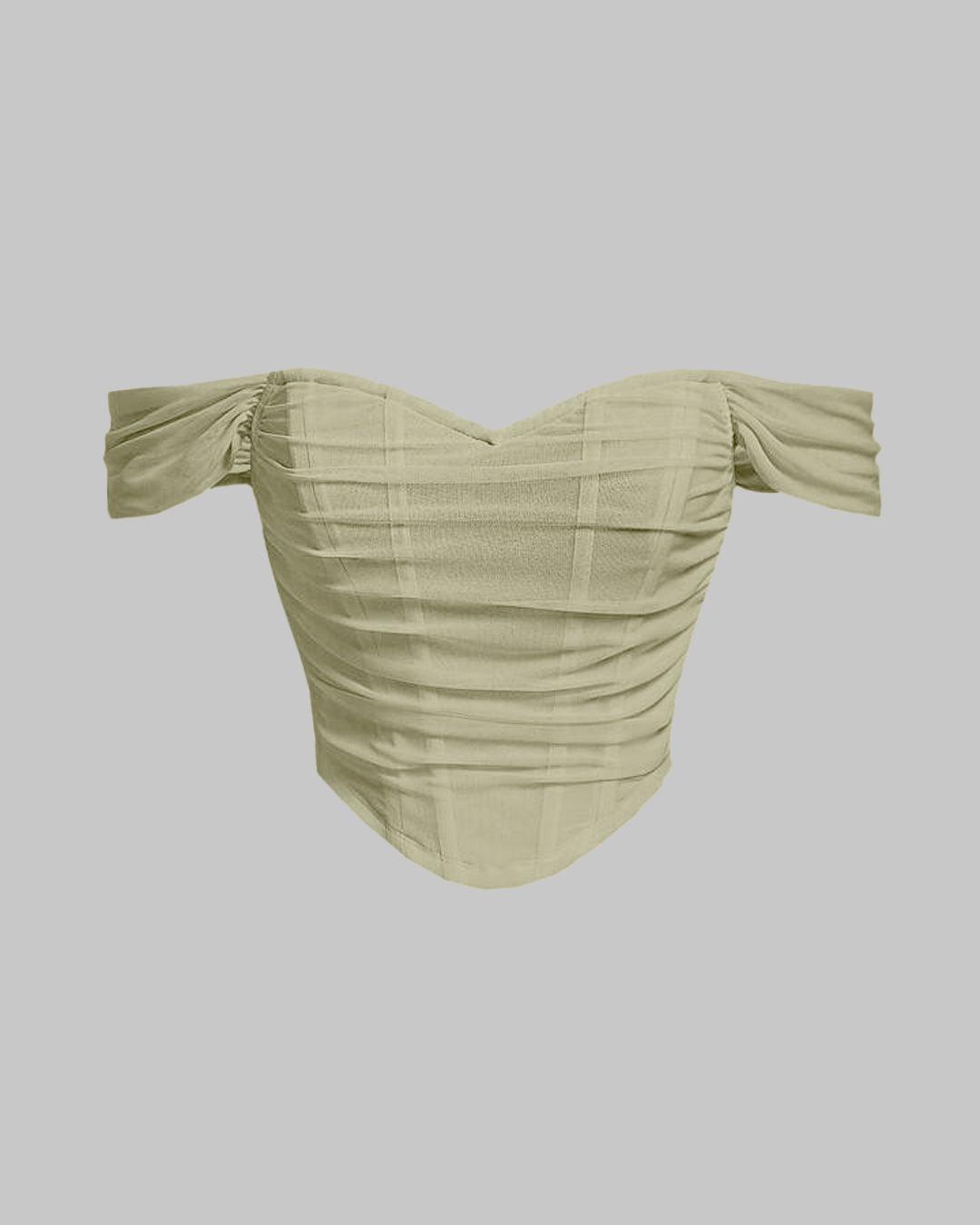 Off Shoulder Ruched Textured Solid Crop Top in Green