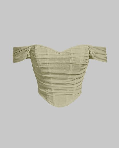 Off Shoulder Ruched Textured Solid Crop Top in Green