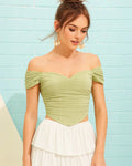 Off Shoulder Ruched Textured Solid Crop Top in Green