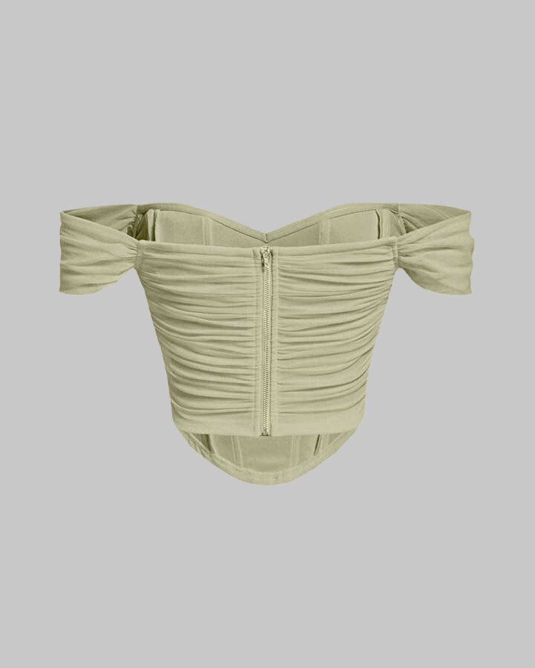 Off Shoulder Ruched Textured Solid Crop Top in Green