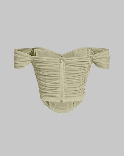 Off Shoulder Ruched Textured Solid Crop Top in Green