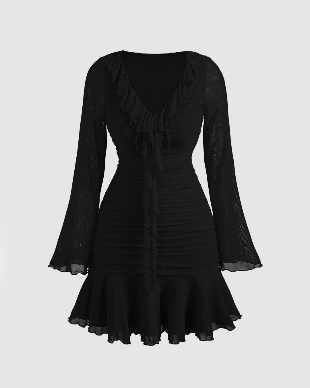 Ruffle Hem Mini Dress with Long Sleeves in Black