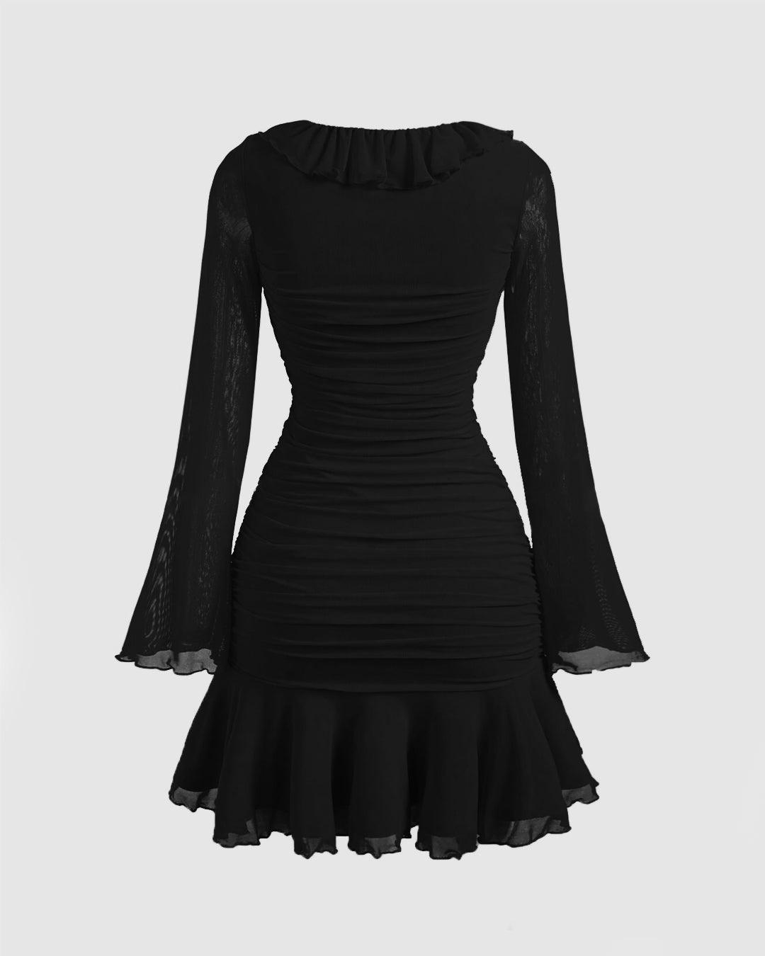 Ruffle Hem Mini Dress with Long Sleeves in Black