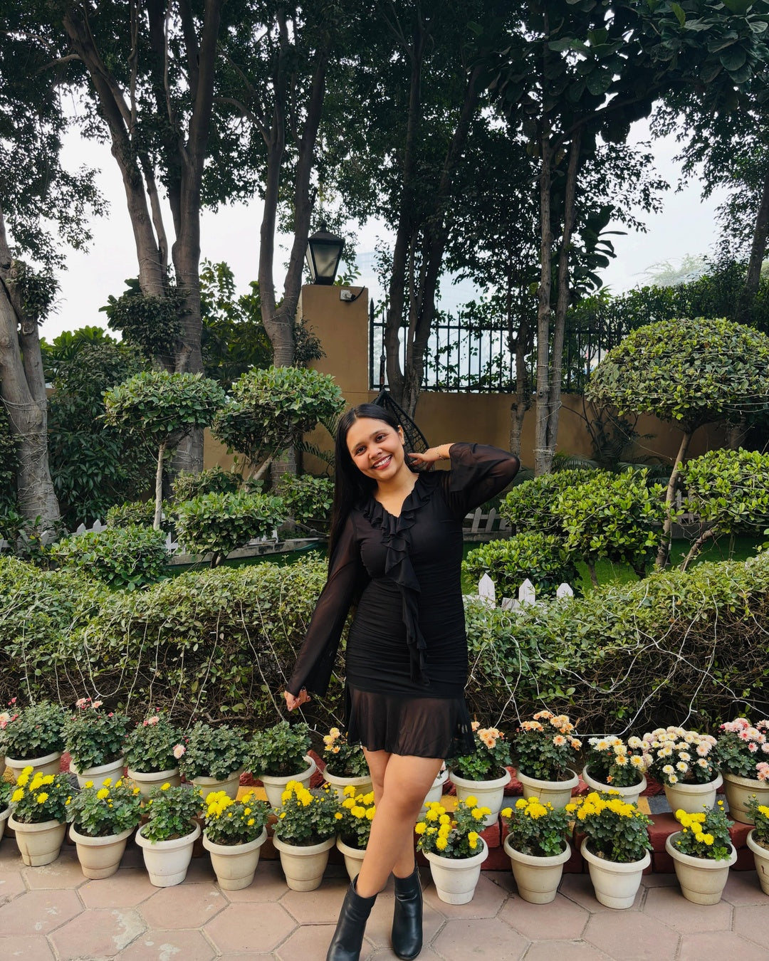 Ruffle Hem Mini Dress with Long Sleeves in Black