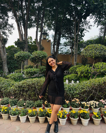 Ruffle Hem Mini Dress with Long Sleeves in Black